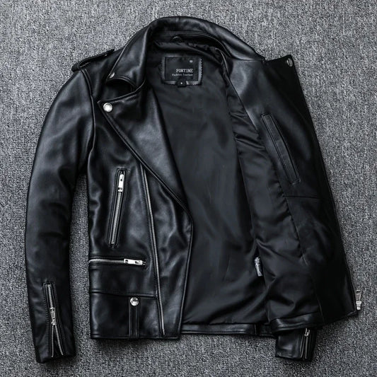Genuine leather spring jacket, black slim suit for men.