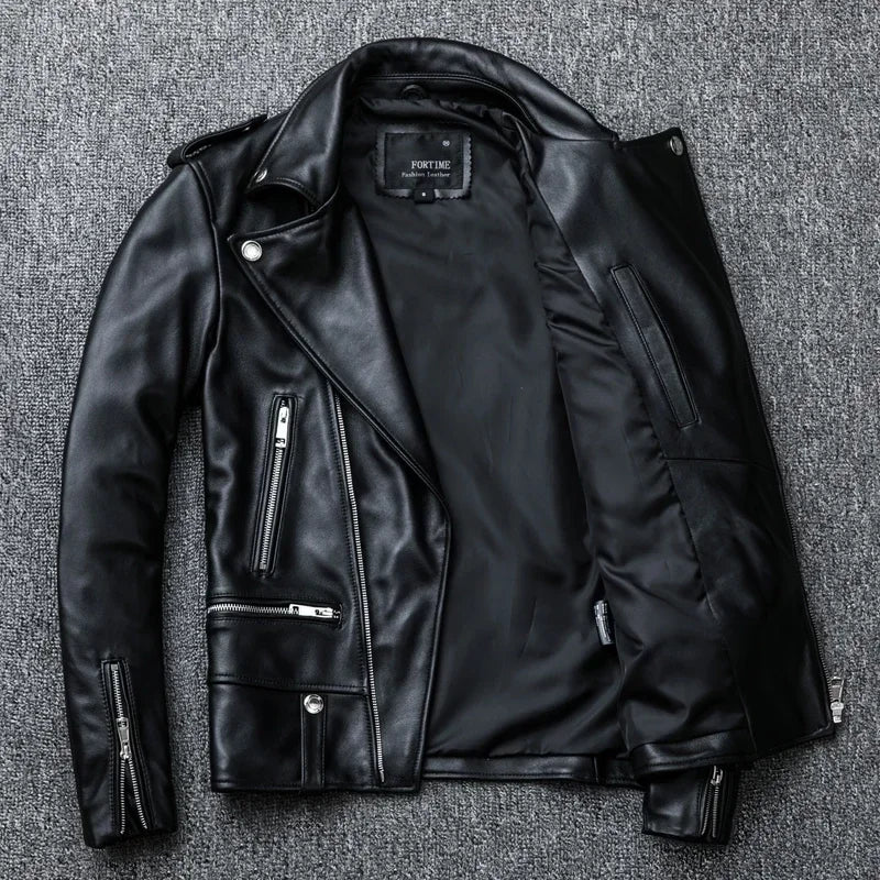 Genuine leather spring jacket, black slim suit for men.