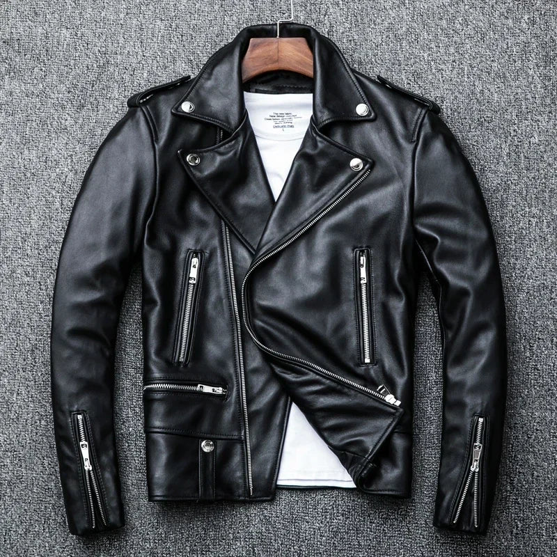 Genuine leather spring jacket, black slim suit for men.