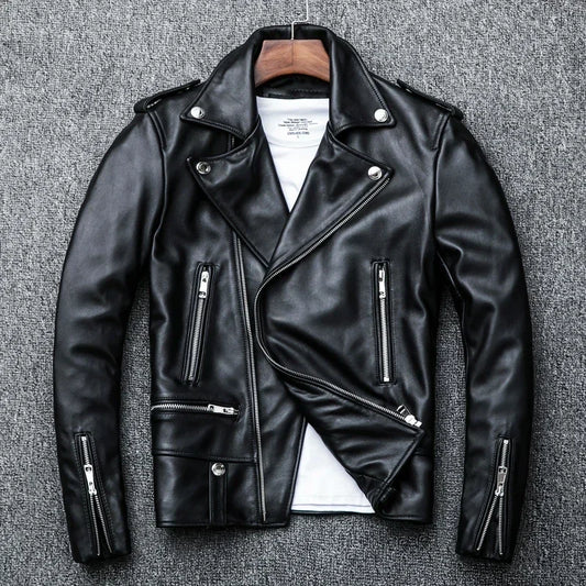 Genuine leather spring jacket, black slim suit for men.