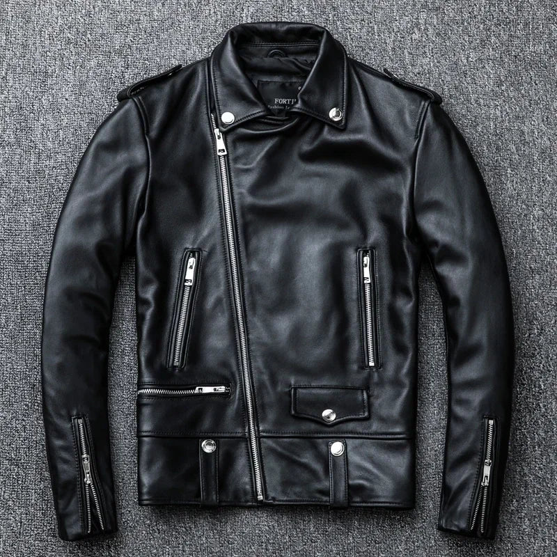 Spring Classical Perfecto Jacket Genuine Leather Motorcycle Jackets Men New Zealand Sheepskin Men Black Coat Slim Suit