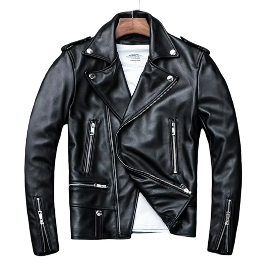 Genuine leather spring jacket, black slim suit for men.