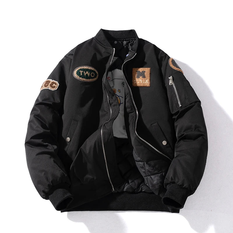 Autumn Winter Bomber Jacket Men Letter Flocking Thick Warm Parkas Coat Women Fashion Retro Hooded Designer Pilot Jacket College