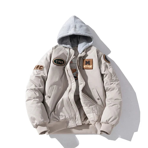 Autumn Winter Bomber Jacket Men Letter Flocking Thick Warm Parkas Coat Women Fashion Retro Hooded Designer Pilot Jacket College