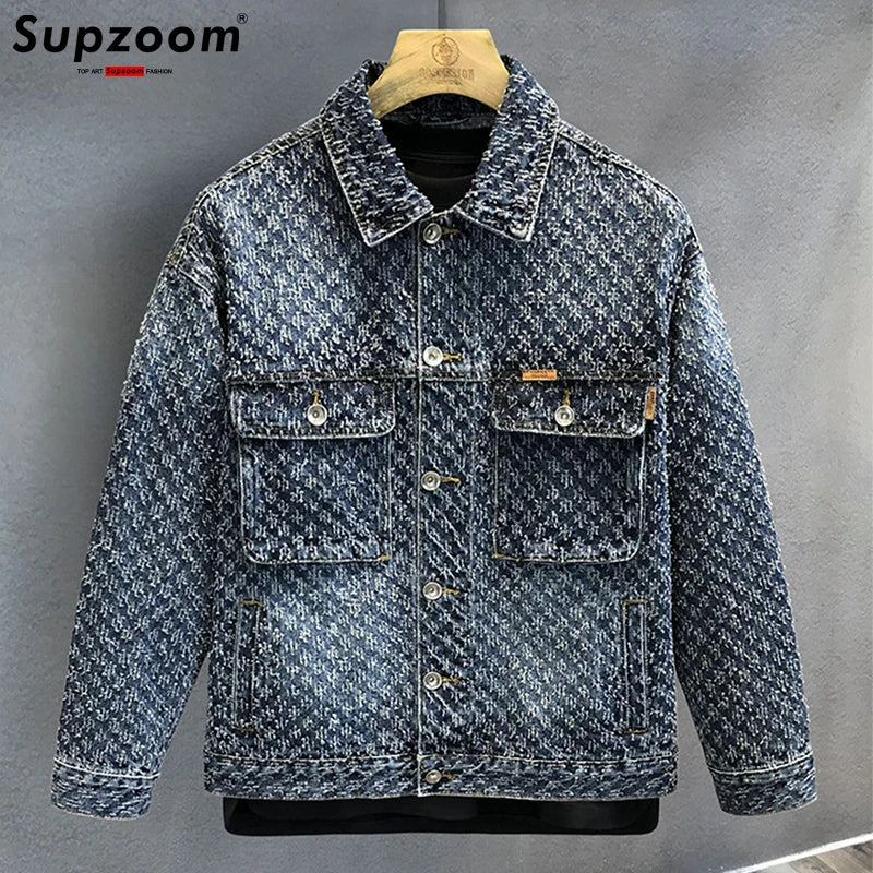 Supzoom 2023 New Arrival Top Fashion Single Breasted Cotton Solid Turn-down Collar Short Bomber Casual Men Coat Denim Jacket