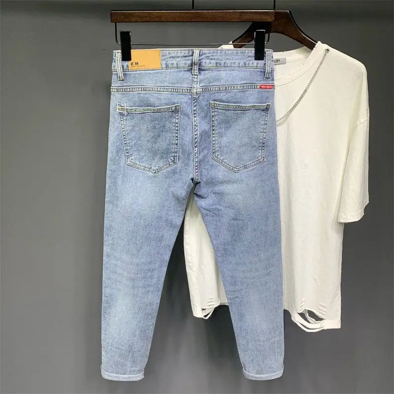 Fashion Summer Light Blue Stretch Washed Casual Jeans for Men Korean Stylish Slim Stretch Denim Ripped Holes Distressed Trousers